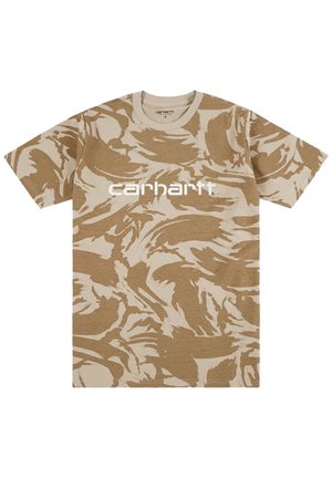 Beige and light brown camouflage print short-sleeve t-shirt with "carhartt" logo in white across the chest.