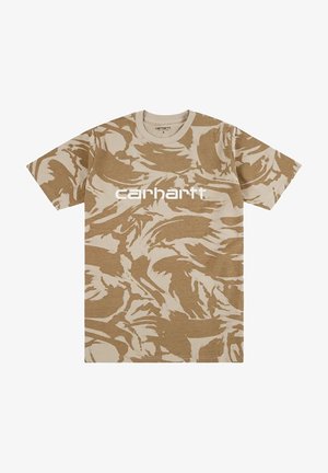 Beigen ja vaaleanruskean maastokuvioinen lyhythihainen t-paita, jossa valkoinen "carhartt"-logo rinnassa.