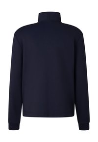 Tmavě modrá mikina s vysokým límcem, dlouhými rukávy a žebrovanými manžetami. Hladká textura, minimalistický design bez viditelných log nebo vzorů.