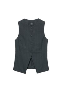 Grå ärmlös väst med vertikala ränder, fem knappar framtill, lättviktsmaterial och en något utsvängd fåll bak.