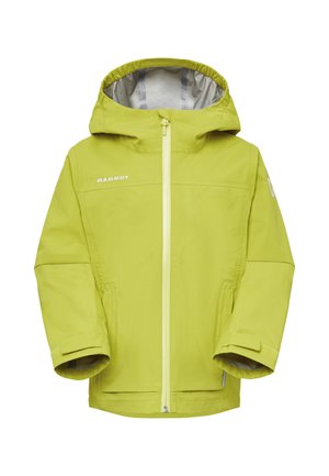 Giacca con cappuccio giallo-verde con cerniera frontale, due tasche laterali e maniche lunghe con polsini regolabili.