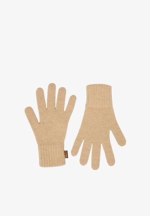 Paar beige gestrickte Handschuhe mit gerippten Bündchen, flach liegend mit nach oben zeigenden Handflächen und einem kleinen braunen Markentag an einem Bündchen.