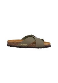 Cross-strap slip-on sandalen in olijfgroen met een kurken voetbed en een gestructureerde bruine buitenzool. Heeft een gouden logoaccent op de band.