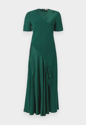 Vestido de cetim verde com mangas curtas, apresentando um design assimétrico e bainha franzida, exibindo textura lisa e forma fluida.