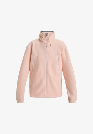 Ljusrosa fleecejacka med hög krage, framtill dragkedja och två sidofickor. Har varumärkeslogotyp längs sömmarna. Mjuk textur.