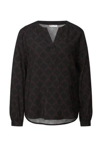 Svart långärmad blus med subtilt mörkbrunt abstrakt mönster, rund krage, V-ringad slits och knappade manschetter.