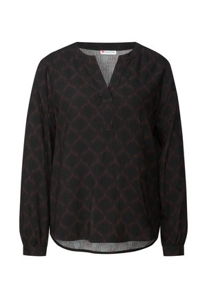 Blusa nera a maniche lunghe con un sottile motivo astratto marrone scuro, colletto rotondo, scollatura a V e polsini con bottoni.