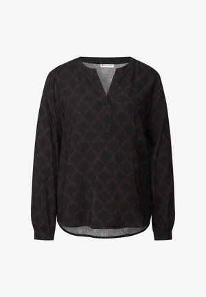 Zwarte blouse met lange mouwen en een subtiel donkerbruin abstract patroon, ronde kraag, V-hals en knoopmanchetten.