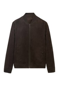 Braune Wildleder-Bomberjacke mit einem Reißverschluss auf der Vorderseite, gerippten Bündchen und zwei seitlichen Taschen. Glatte Textur und einfaches, kantiges Design.