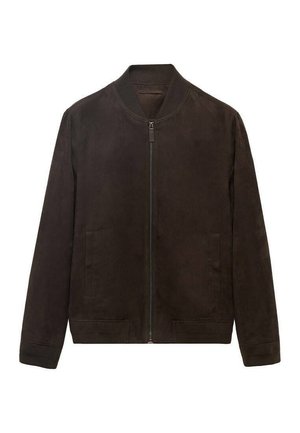 Brown suede bomber jacket with a front zipper, ribbed cuffs, and two side pockets. Smooth texture and simple, angular design.