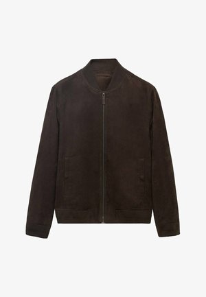 Brown suede bomber jacket with a front zipper, ribbed cuffs, and two side pockets. Smooth texture and simple, angular design.