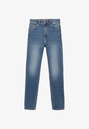 Blaue Jeans aus Denim mit geradem Beinschnitt, ausgestattet mit einer ausgewaschenen Optik, fünf Taschen und kontrastierenden Nähten entlang der Säume.