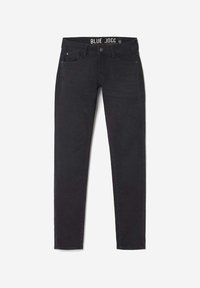 Un pantalon de jogging noir en tissu doux. Il comporte une taille standard avec l'étiquette "BLUE JOGG", cinq poches et une coupe ajustée.