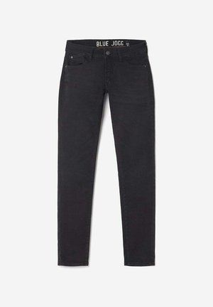 Zwarte joggers gemaakt van zachte stof. Kenmerken zijn een standaard tailleband met het label "BLUE JOGG", vijf zakken en een slim-fit ontwerp.