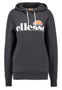Sudadera gris con capucha ajustable, bolsillo canguro y logo blanco. Presenta una textura sutil y puños y dobladillo acanalados.