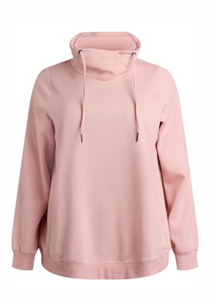 Różowy pulower z wysokim kołnierzem, sznurkami, długimi rękawami i ściągaczami na mankietach. Wykonany z miękkiego materiału o gładkiej fakturze.