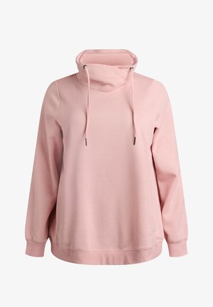 Pink pullover sweatshirt with a high neck, drawstrings, long sleeves, and ribbed cuffs. Made of soft fabric with a smooth texture.