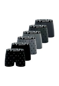 Six paires de boxers pour hommes dans des nuances de noir et de gris. Ils présentent une ceinture avec logo et un matériau lisse et extensible avec des motifs.