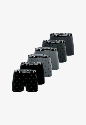 Six paires de boxers pour hommes dans des nuances de noir et de gris. Ils présentent une ceinture avec logo et un matériau lisse et extensible avec des motifs.