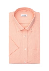 Camicia button-up rosa chiaro, maniche corte, con una texture a quadri. Presenta un colletto classico e una tasca sul lato sinistro.