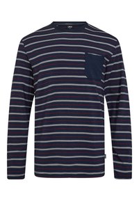 Long-sleeve navy blue striped t-shirt with red and white horizontal lines, round neckline, and a chest pocket on the left side.