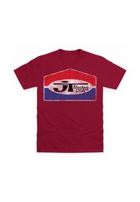 Rød bomulds T-shirt med et slidt grafisk design i hvid, rød og blå med "JT Racing USA" tydeligt vist.