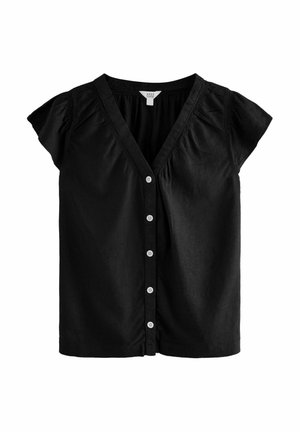 Blouse noire à manches courtes avec col en V, boutons blancs sur le devant et légers fronces aux épaules et à la poitrine.