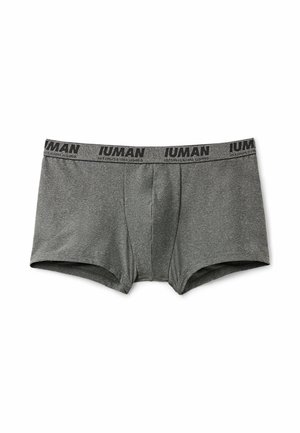Gray boxer briefs made from a soft material, featuring a black elastic waistband with "IUMAN" repeated. Designed with a fitted cut and front opening.