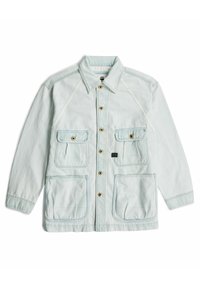 Ljust blå denimjacka med krage, som har fyra framfickor, knappstängning och kontrasterande sömmar.