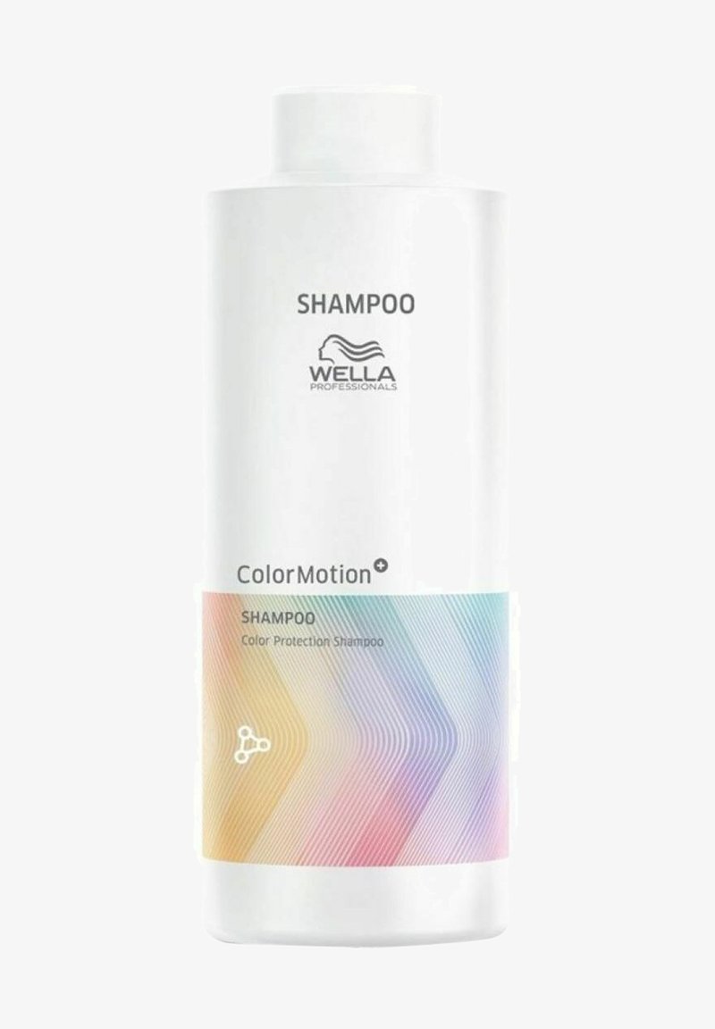 Witte plastic shampoofles met een smalle hals. Heeft een regenbooggradiëntontwerp en een "ColorMotion+" label, dat kleurbehoud aangeeft.