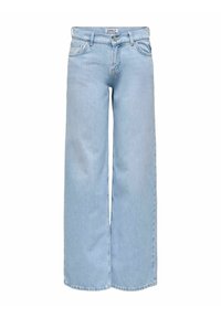 Jasnoniebieskie szerokie jeansy z przednimi kieszeniami, szlufkami na pasek, zapięciem na guzik oraz metką z napisem "ONLY" na pasie.