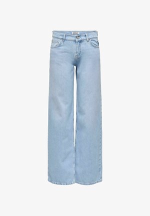 Jasnoniebieskie szerokie jeansy z przednimi kieszeniami, szlufkami na pasek, zapięciem na guzik oraz metką z napisem "ONLY" na pasie.