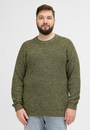 Olive green knitted sweater with a round neck and raglan sleeves; textured pattern; ribbed cuffs and hem; worn over light jeans.