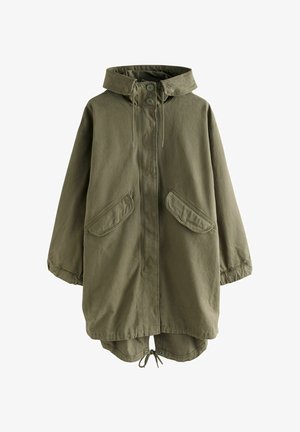Olivovo zelená parka s kapucňou, zapínaním na gombíky vpredu, dvoma prednými vreckami a sťahovacím spodným lemom. Vyrobená z ľahkej tkaniny s textúrovaným povrchom.