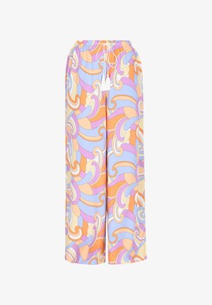 Széles szárú nadrág, amely élénk, absztrakt mintázatú, pasztell narancs, rózsaszín, lila és kék örvényekkel díszített; rugalmas derékpánt zsinórral.
