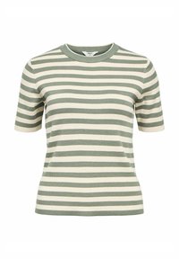 T-shirt a maniche corte a righe, realizzato in cotone a coste, presenta righe alternate verdi e crema, scollatura rotonda e forma aderente.