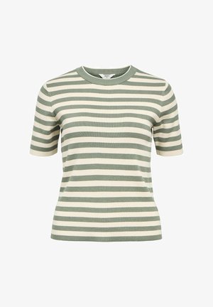 Prugasta majica kratkih rukava od rebrastog pamuka, s izmjeničnim zelenim i krem trakama, okruglim izrezom i prilagođenim oblikom.