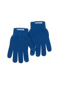 Blauwe breimeterhandschoenen met een geribde manchet, voorzien van witte "CHASE" branding op de bovenkant. Vijfvingerontwerp met een naadloze textuur.