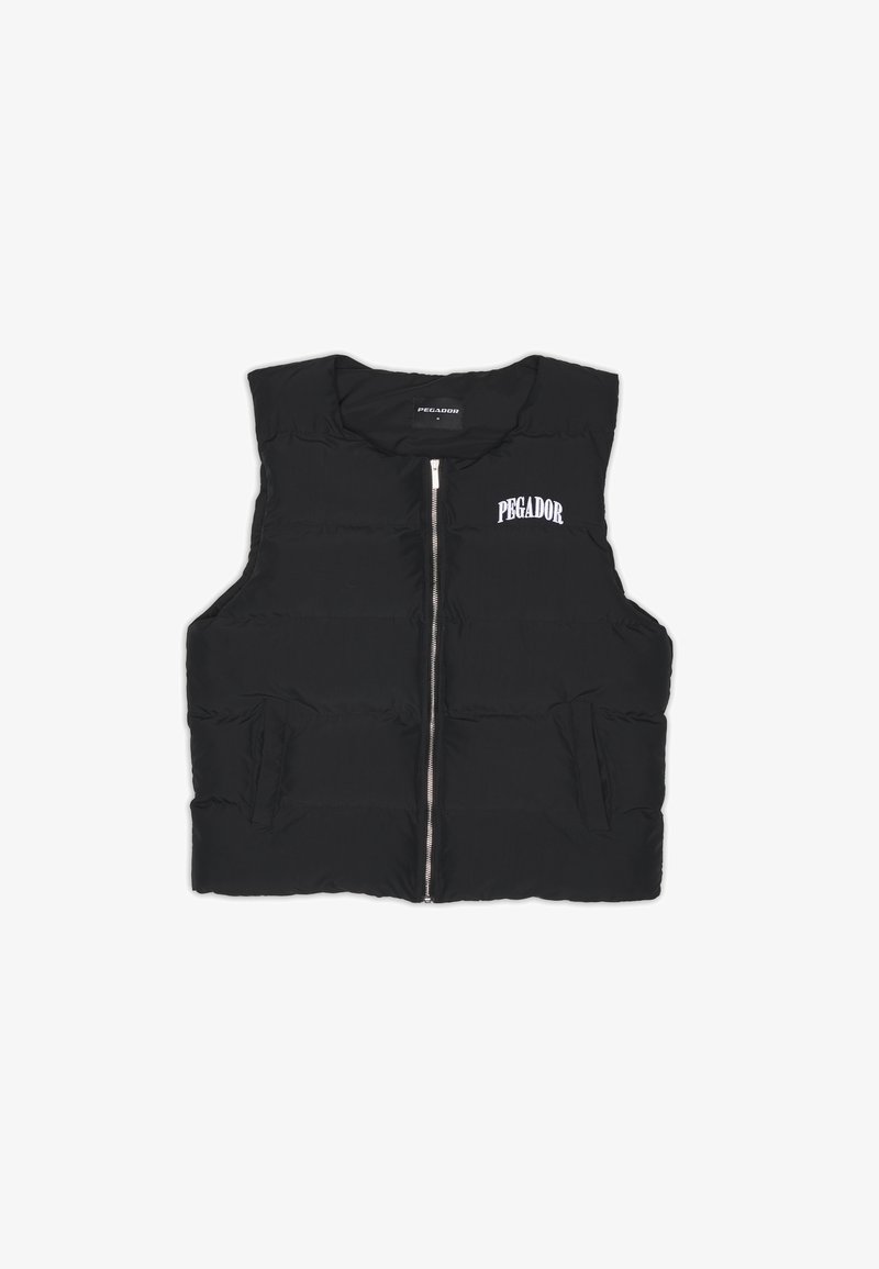 Veste noire sans manches rembourrée avec fermeture éclair à l'avant et logo blanc "PEGADOR" sur le côté gauche de la poitrine.