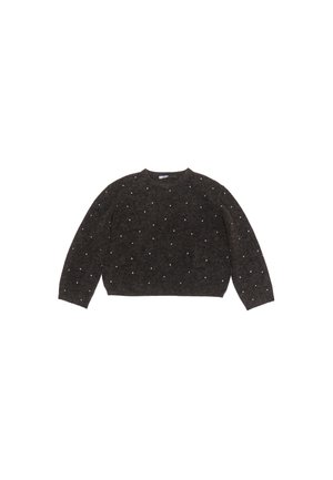 Jersey de punto gris oscuro con cuello redondo y mangas largas, que cuenta con adornos blancos dispersos por el frente.