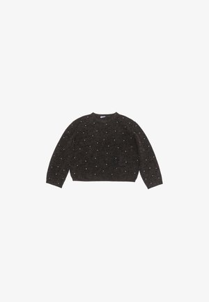 Dark gray knitted sweater with a round neckline and long sleeves, featuring scattered white embellishments across the front.