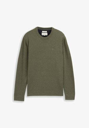 Olive green, long-sleeve sweatshirt with a crew neckline, ribbed cuffs and hem, featuring a subtle logo detail on the chest.
