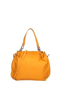 Gele leren handtas met twee handvatten, een afneembare schouderriem en zilverkleurige hardware accenten. Heeft geplooide zijkanten en gestikte details.