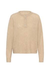 Béžový pletený sveter s okrúhlym výstrihom, gombíkovou légou s priesvitnými gombíkmi a rebrovanými manžetami a lemom. Mäkkučká textúra, voľný strih.