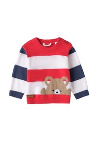 Rot-weißer gestreifter Pullover mit blauen Akzenten, ausgestattet mit einem Design eines braunen Bären in der Mitte und Schulterknopfverschlüssen. Hergestellt aus Strickstoff.