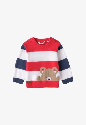 Maglione a righe rosse e bianche con accenti blu, presenta un design di orso bruno al centro e bottoni a pressione sulle spalle. Realizzato in tessuto lavorato a maglia.