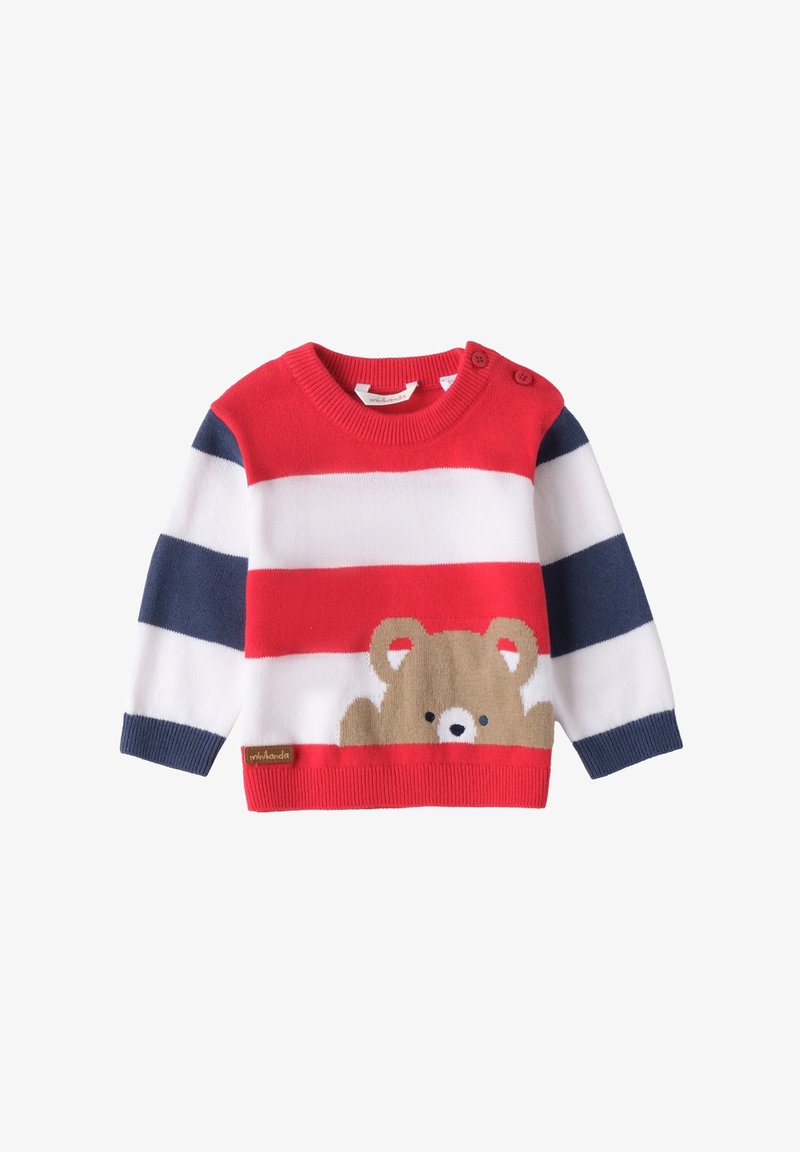 Pull rayé rouge et blanc avec des accents bleus, présentant un motif d'ours brun au centre et des boutons-pression sur l'épaule. Fabriqué en tissu tricoté.