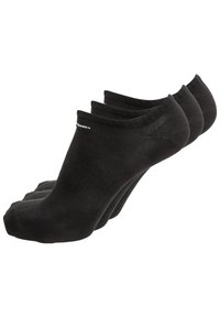 Schwarze Knöchelsocken; drei Paar übereinandergestapelt. Material aus Baumwollmischung. Rundzehendesign mit verstärktem Fersenbereich und minimaler, weißer Markenkennzeichnung.