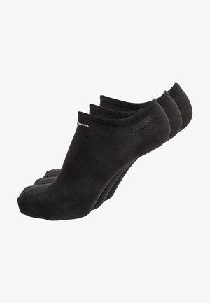 Calcetas negras hasta el tobillo; tres pares apilados. Material de mezcla de algodón. Diseño de punta redondeada con talón reforzado y mínima marca en blanco.