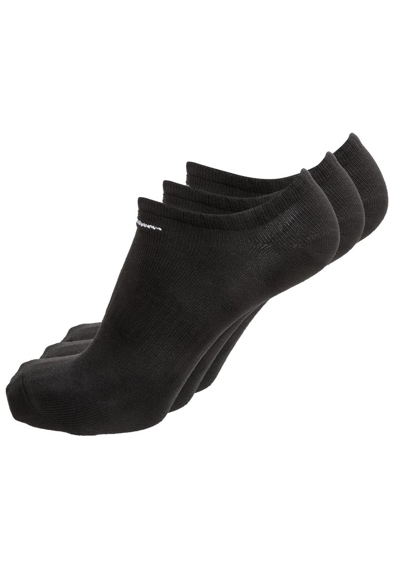 Schwarze Knöchelsocken; drei Paar übereinandergestapelt. Material aus Baumwollmischung. Rundzehendesign mit verstärktem Fersenbereich und minimaler, weißer Markenkennzeichnung.